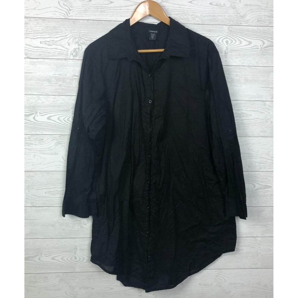 Torrid Women's 2X Long Sleeve Button Front Tunic Shirt 100% Cotton Black Top